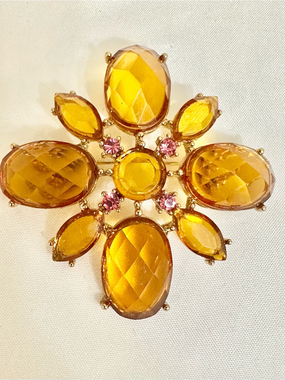 Citrine Flower Faceted Cabochon Brooch with Pink Accents